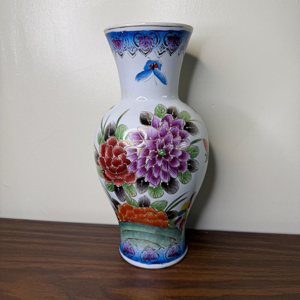 Vintage Chinese Porcelain Vase Hand Painted Flowers and Butterflies Famille Rose